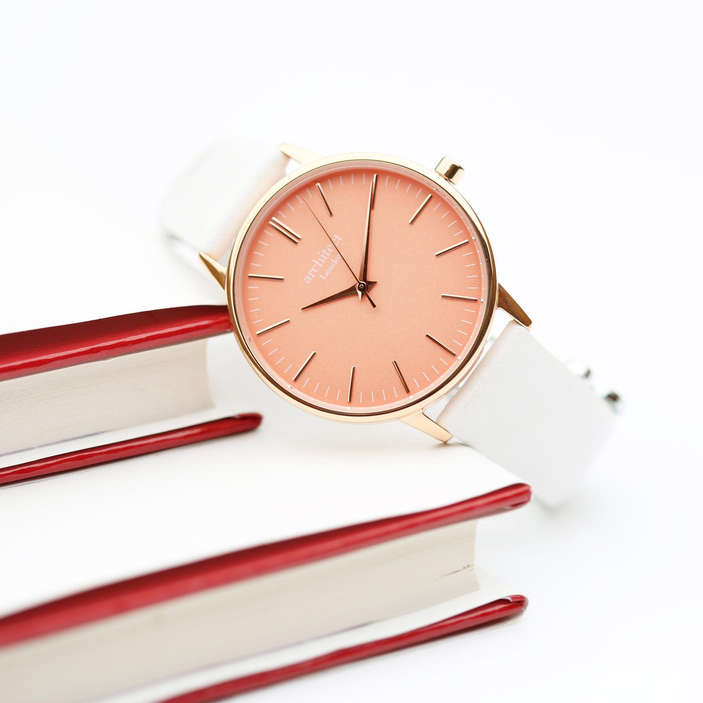 Architēct Coral - Personalised Ladies Watch - White Strap-NEVANNA