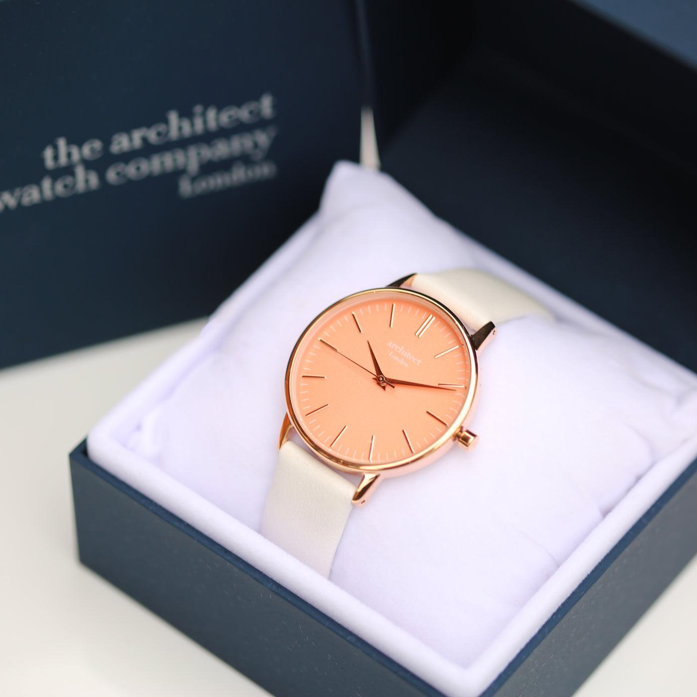 Architēct Coral - Personalised Ladies Watch - White Strap-NEVANNA