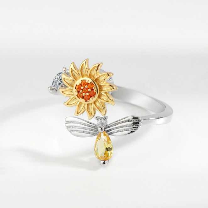 Rotating Sunflower Rhinestone Ring-Rings-NEVANNA